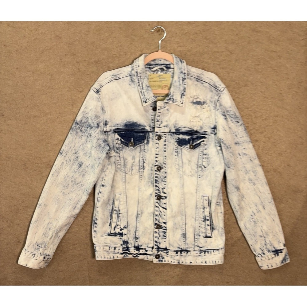 Smoke Rise Denim Trucker Jacket Mens Sz L Blue Acid Washed Distressed